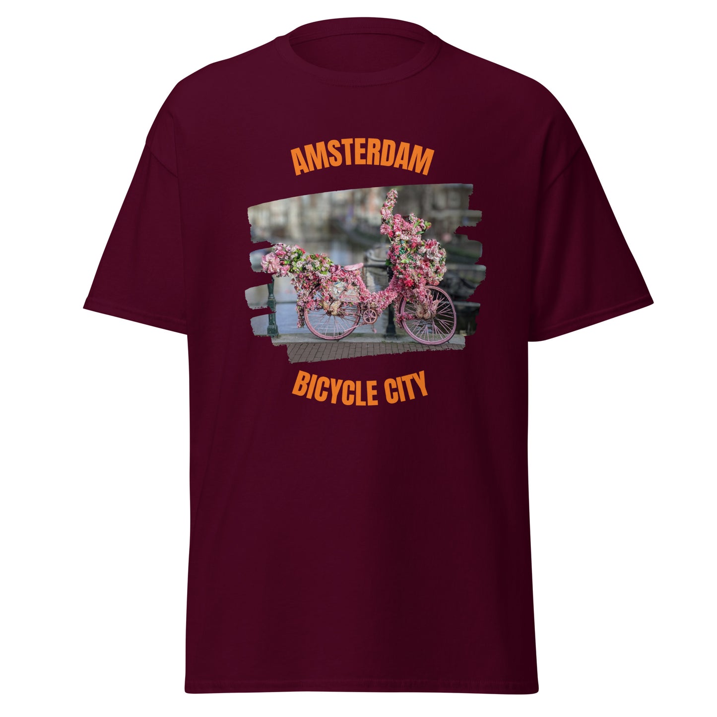 A charming unisex t-shirt with a stylish Amsterdam bicycle decorated with vibrant flowers