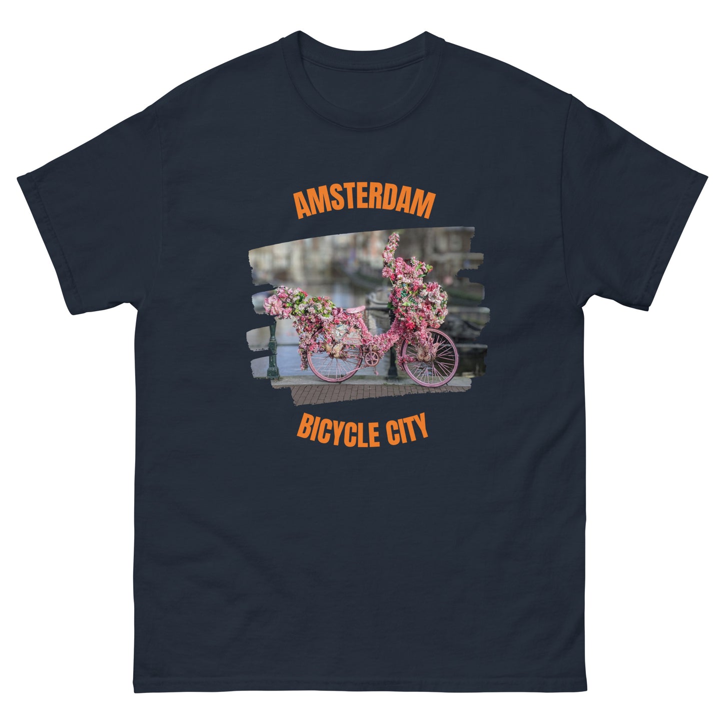 A charming unisex t-shirt with a stylish Amsterdam bicycle decorated with vibrant flowers
