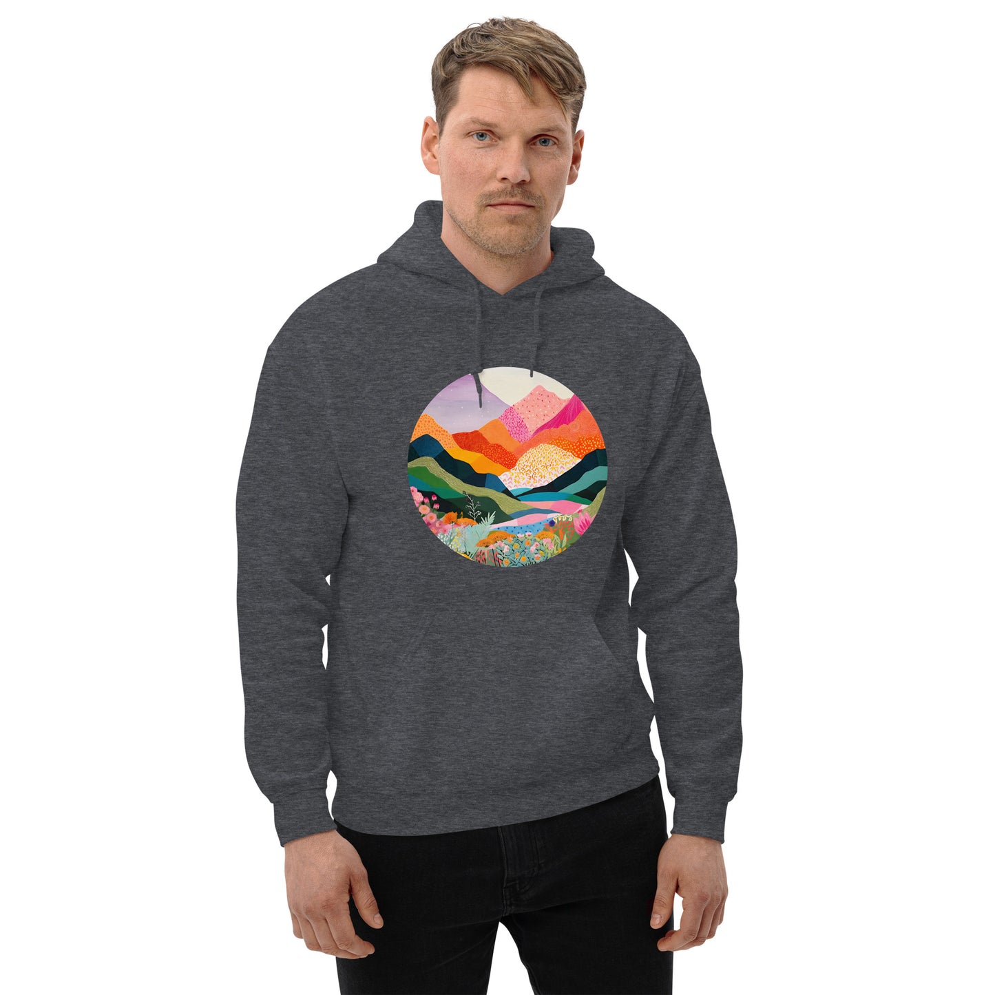 Landscape, Nature, Vibrant colors, Colorful, Mountains, Flowers, Colors, Painting, Tranquil, Art, Scenery, Beautiful, Season, Unisex, Hoodie