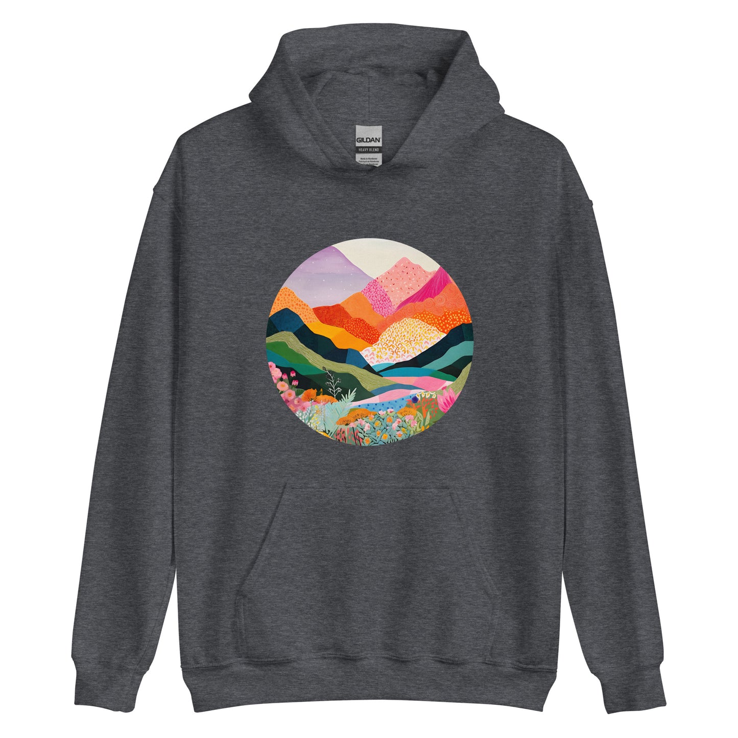 Landscape, Nature, Vibrant colors, Colorful, Mountains, Flowers, Colors, Painting, Tranquil, Art, Scenery, Beautiful, Season, Unisex, Hoodie