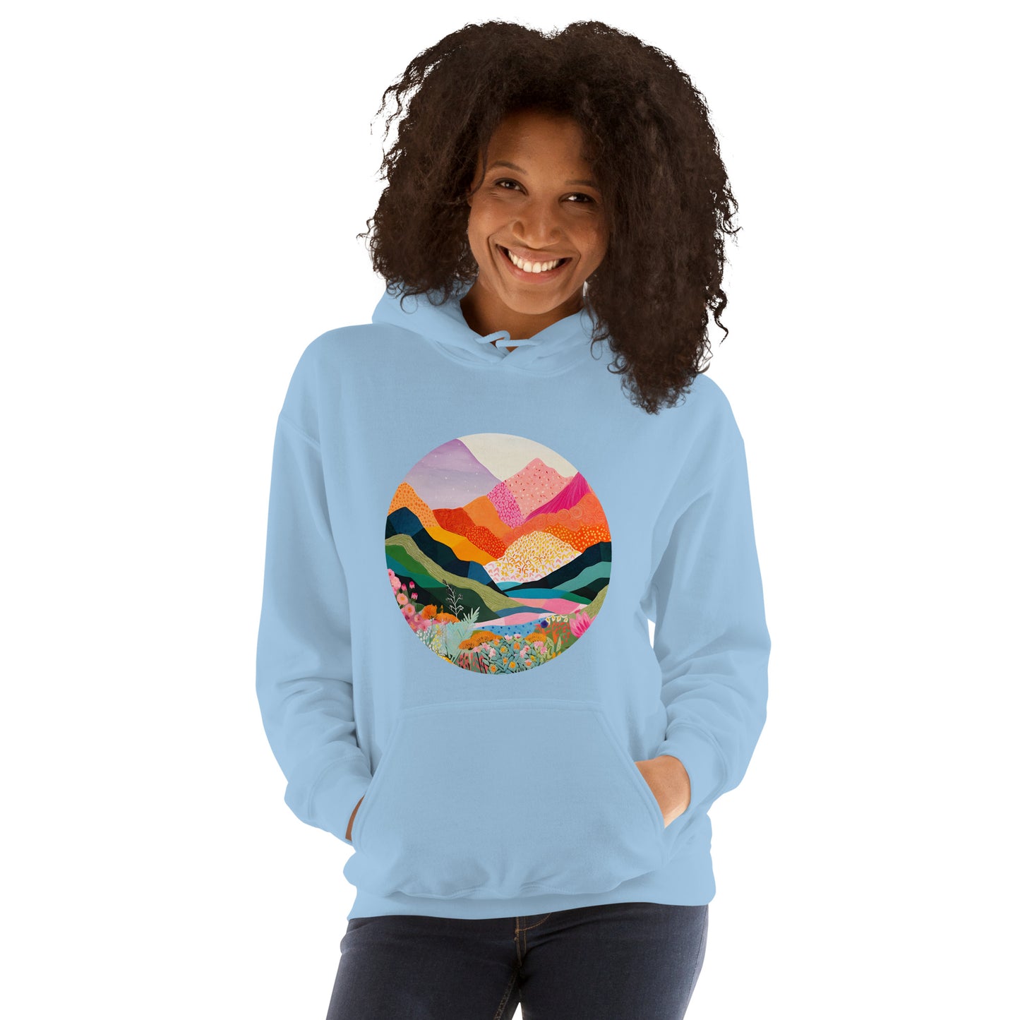 Landscape, Nature, Vibrant colors, Colorful, Mountains, Flowers, Colors, Painting, Tranquil, Art, Scenery, Beautiful, Season, Unisex, Hoodie