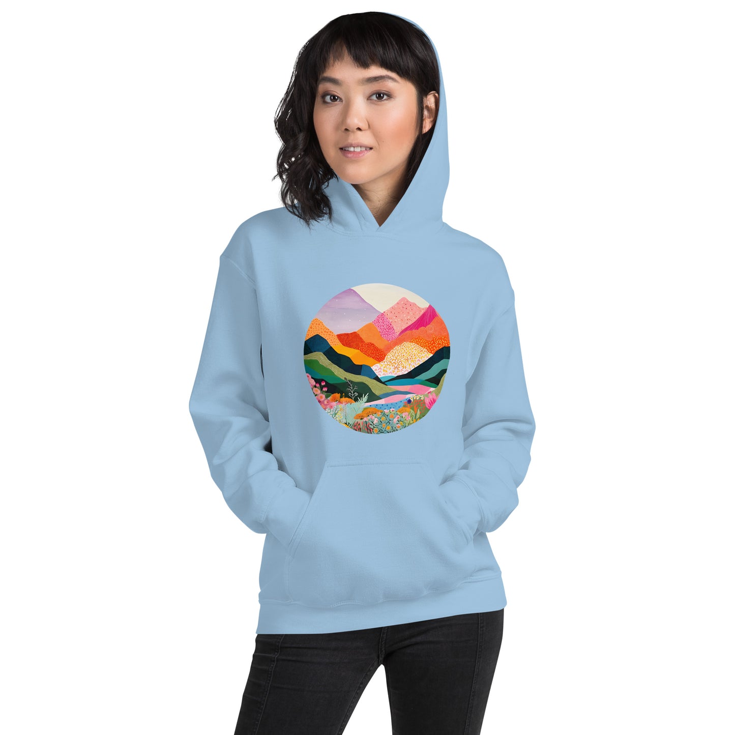 Landscape, Nature, Vibrant colors, Colorful, Mountains, Flowers, Colors, Painting, Tranquil, Art, Scenery, Beautiful, Season, Unisex, Hoodie