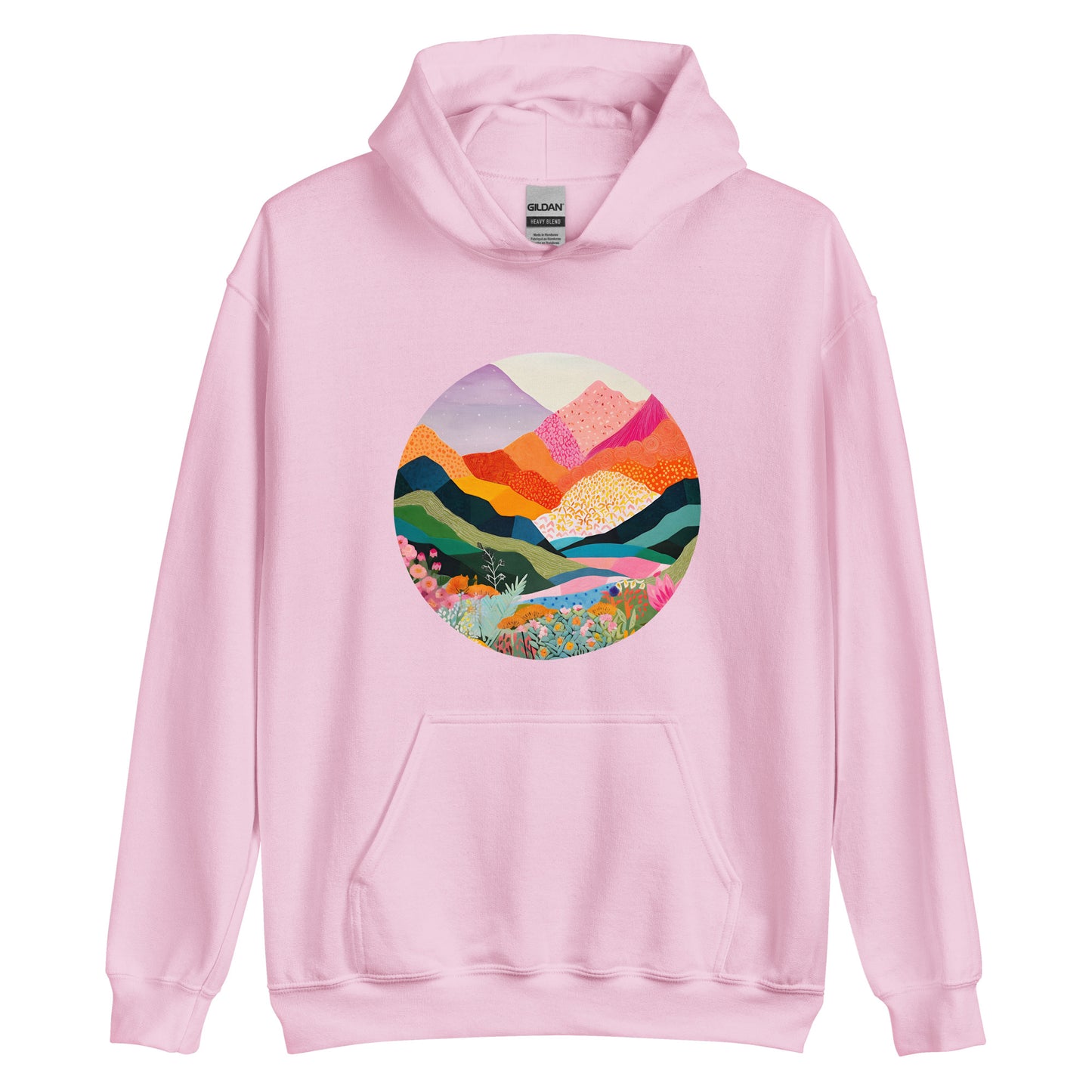 Landscape, Nature, Vibrant colors, Colorful, Mountains, Flowers, Colors, Painting, Tranquil, Art, Scenery, Beautiful, Season, Unisex, Hoodie