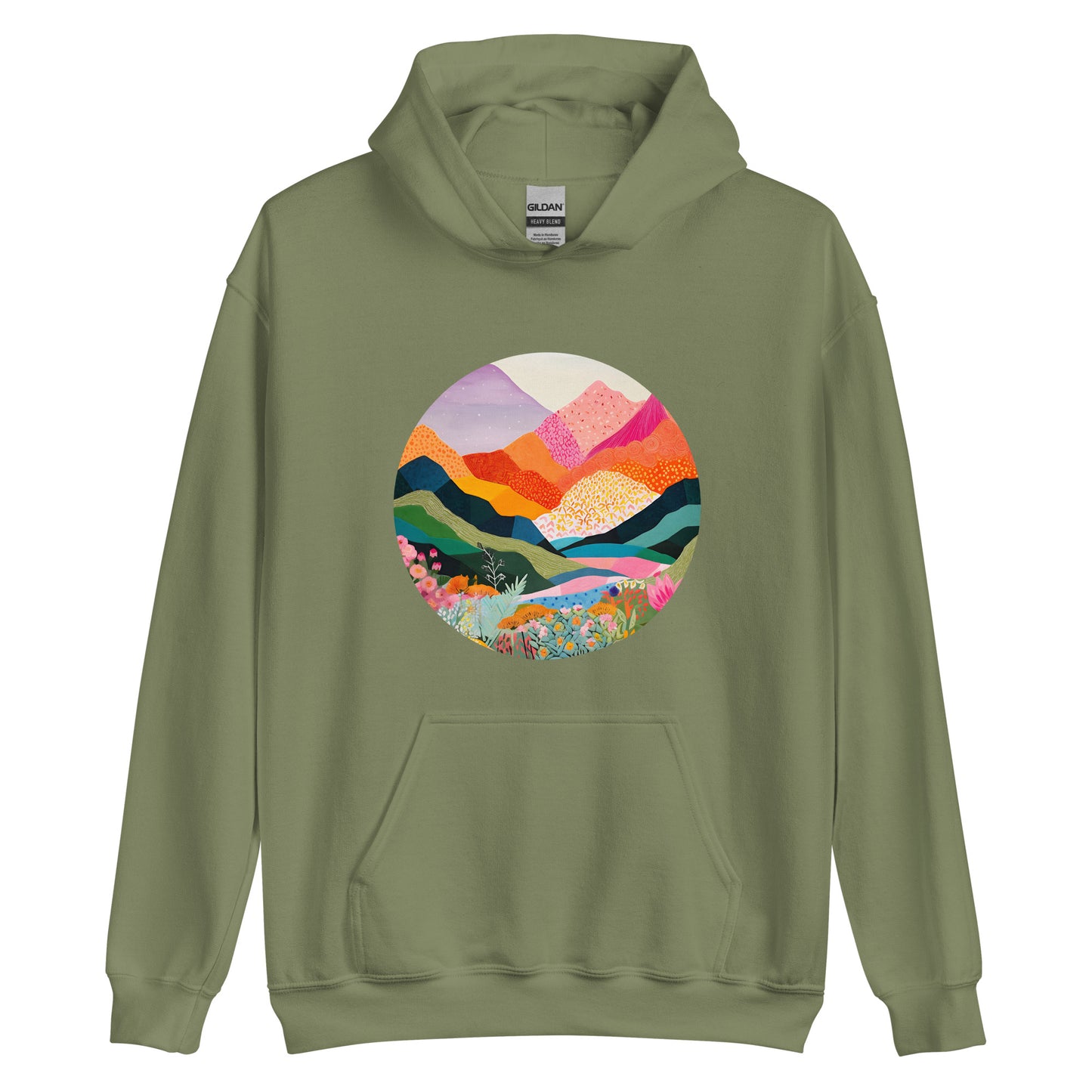 Landscape, Nature, Vibrant colors, Colorful, Mountains, Flowers, Colors, Painting, Tranquil, Art, Scenery, Beautiful, Season, Unisex, Hoodie