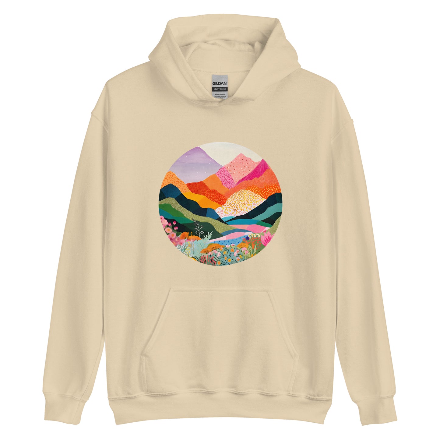 Landscape, Nature, Vibrant colors, Colorful, Mountains, Flowers, Colors, Painting, Tranquil, Art, Scenery, Beautiful, Season, Unisex, Hoodie