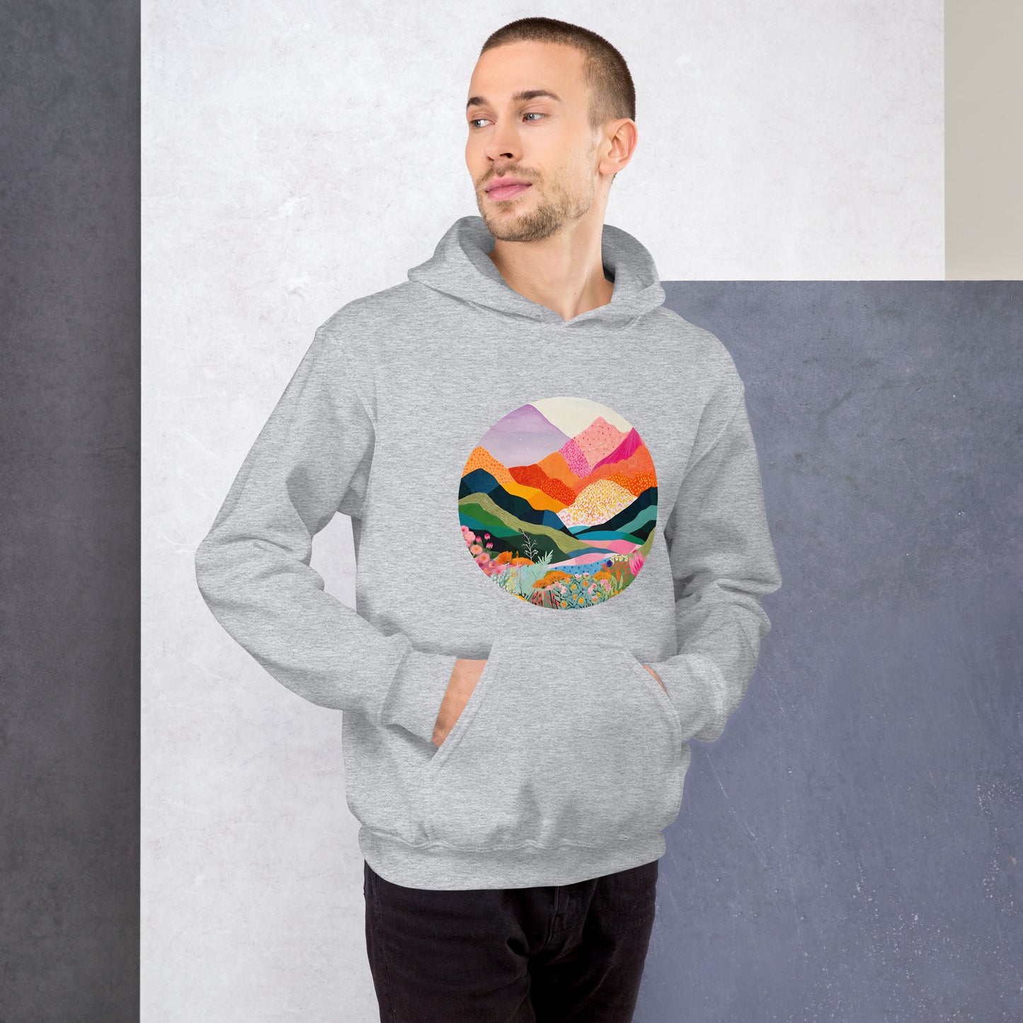 Landscape, Nature, Vibrant colors, Colorful, Mountains, Flowers, Colors, Painting, Tranquil, Art, Scenery, Beautiful, Season, Unisex, Hoodie