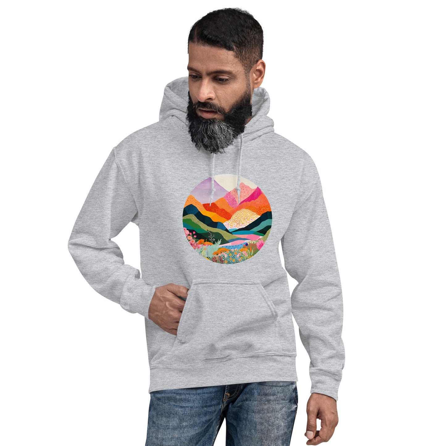 Landscape, Nature, Vibrant colors, Colorful, Mountains, Flowers, Colors, Painting, Tranquil, Art, Scenery, Beautiful, Season, Unisex, Hoodie