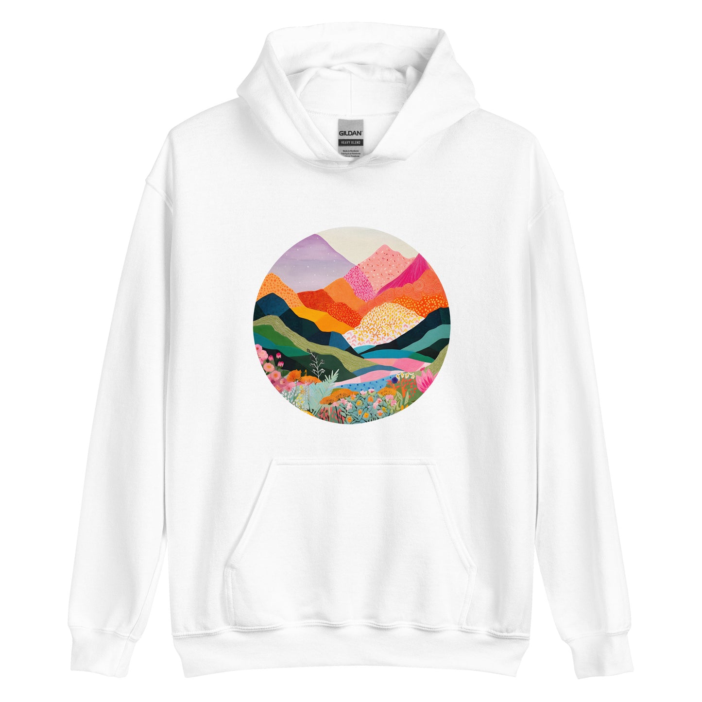 Landscape, Nature, Vibrant colors, Colorful, Mountains, Flowers, Colors, Painting, Tranquil, Art, Scenery, Beautiful, Season, Unisex, Hoodie