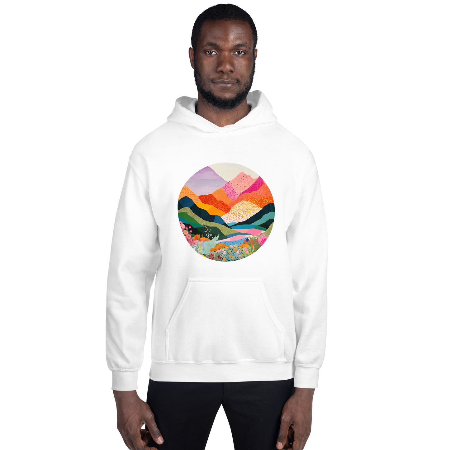 Landscape, Nature, Vibrant colors, Colorful, Mountains, Flowers, Colors, Painting, Tranquil, Art, Scenery, Beautiful, Season, Unisex, Hoodie