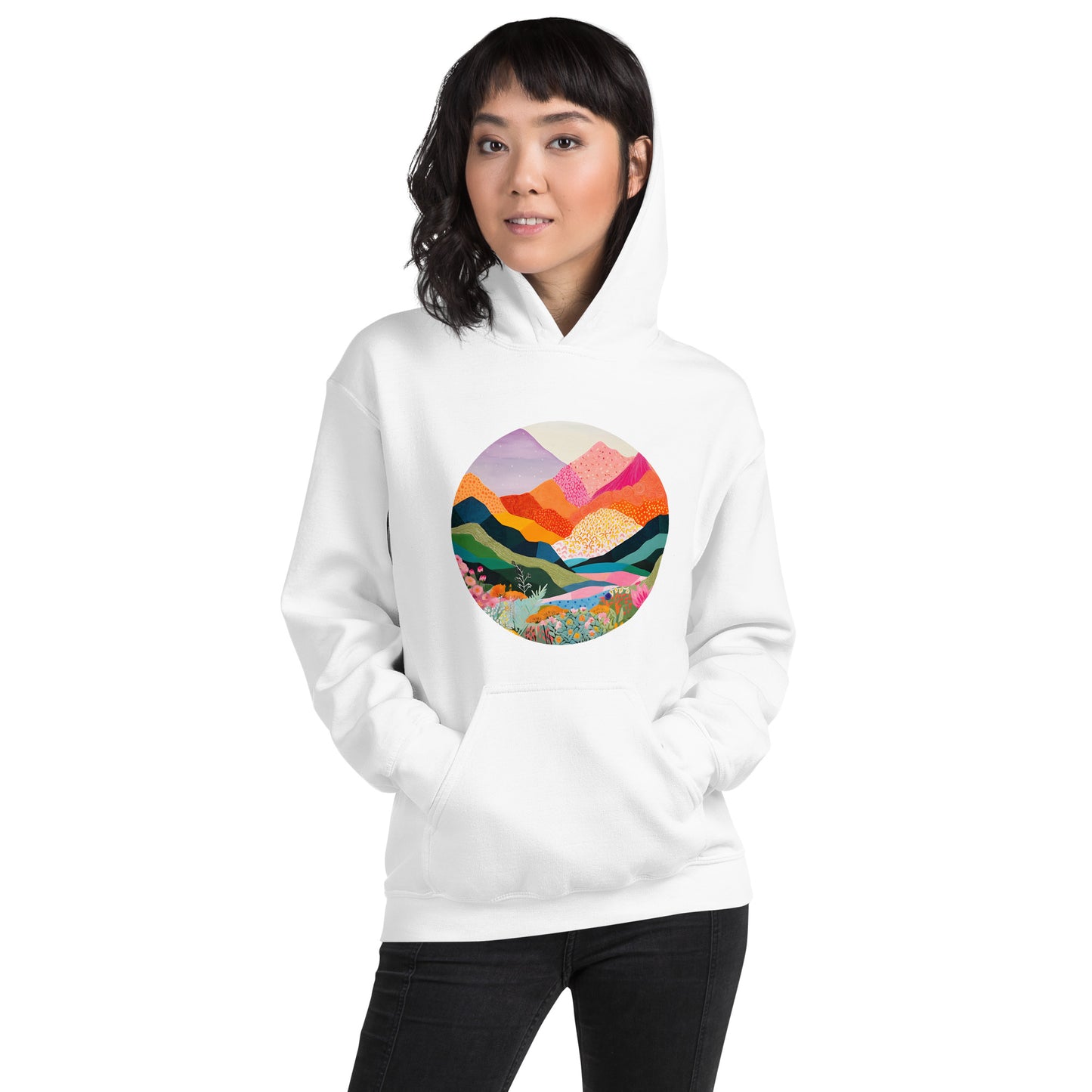 Landscape, Nature, Vibrant colors, Colorful, Mountains, Flowers, Colors, Painting, Tranquil, Art, Scenery, Beautiful, Season, Unisex, Hoodie