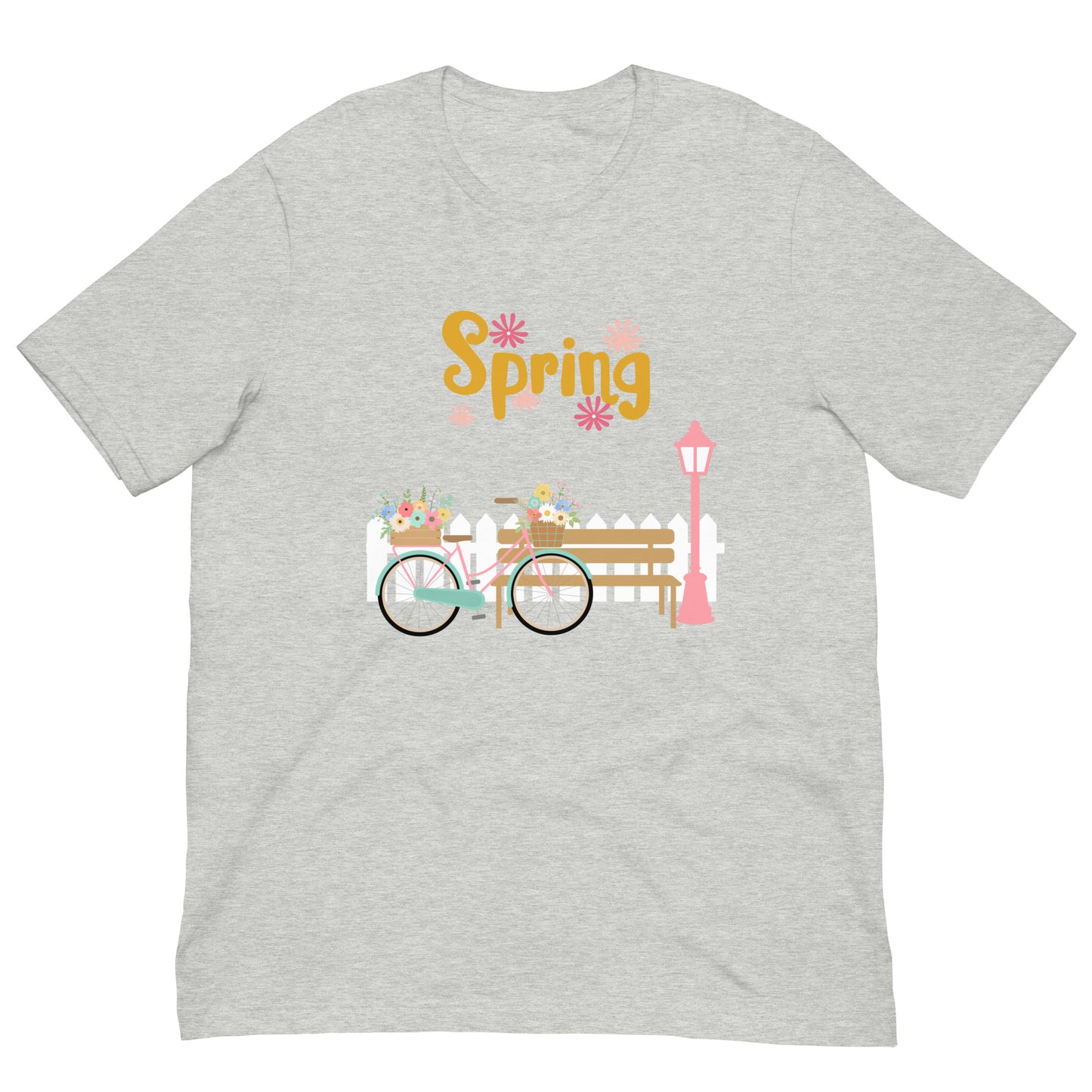 Unisex flower t-shirt, spring t-shirt, t-shirt with graphics, bicycle and flowers t-shirt in sunny spring, vibrant colors