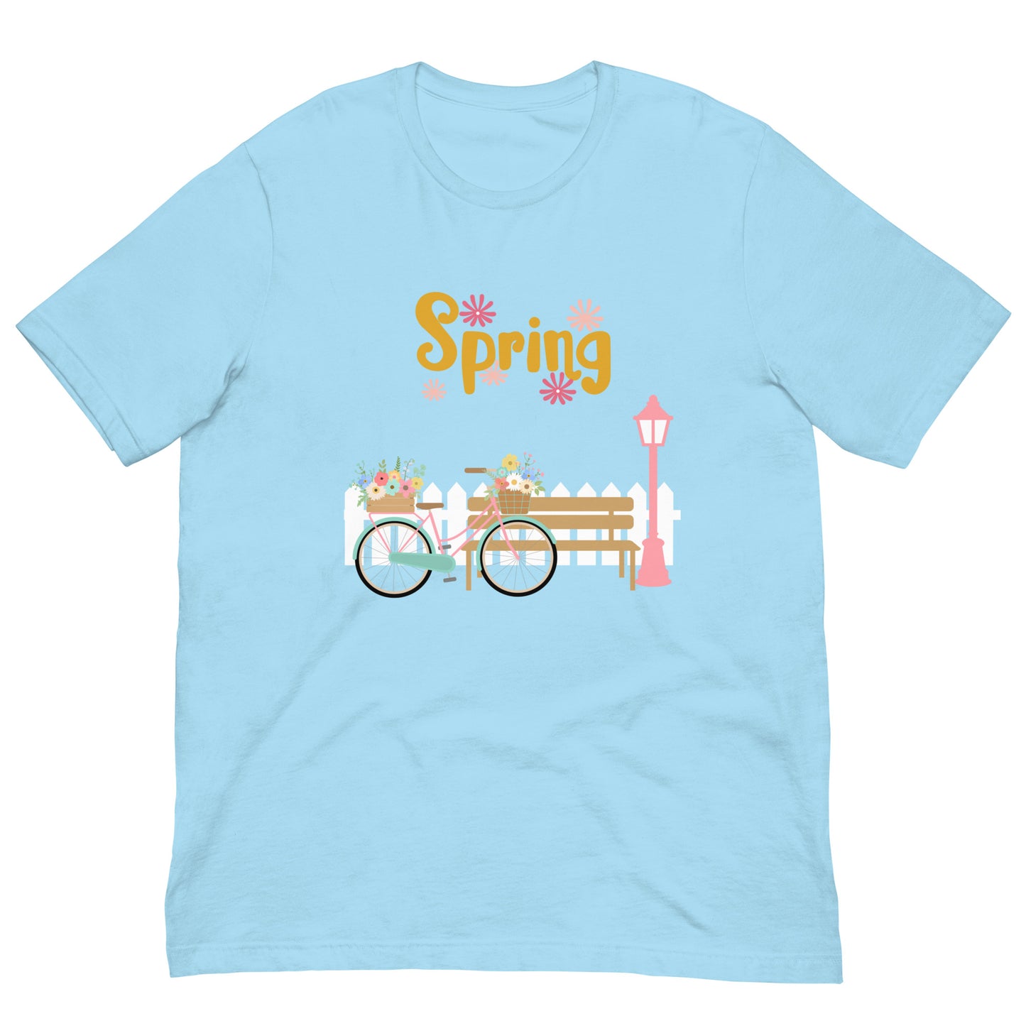 Unisex flower t-shirt, spring t-shirt, t-shirt with graphics, bicycle and flowers t-shirt in sunny spring, vibrant colors