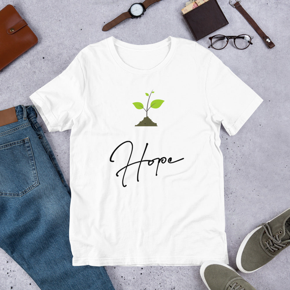 Unisex "Hope Blooms" t-shirt | Positive message | Inspirational | Green | Plant | Pleasant designs | Made with Cotton and Polyester, Grow, Rise