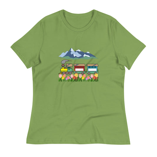 Mountains, Tulips, Train, Nature Lover, Travel t-shirt, Scenic Beauty, Steam Train, Flowers, Women